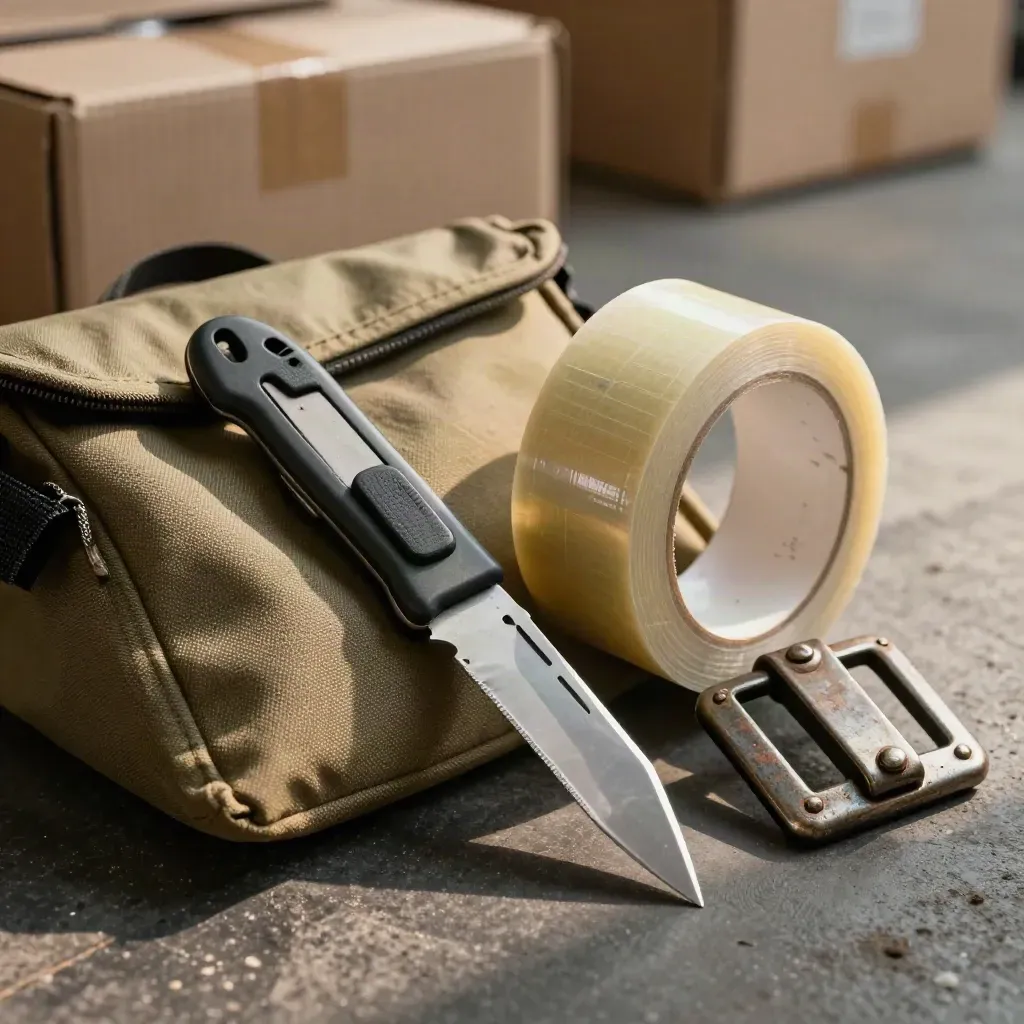 Kit per ritiri e consegne: taglierino, nastro rinforzato, sacco corriere e fibbia vissuta.