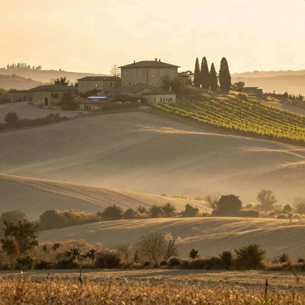 Brianza al tramonto, ville di delizia e tetti bassi tra campi velati di foschia.